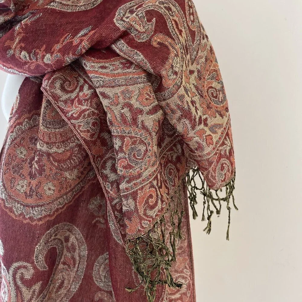Womens Shawl Wrap Scarf 27 x 68 Paisley Floral Red Metallic Tapestry Fringe Boho